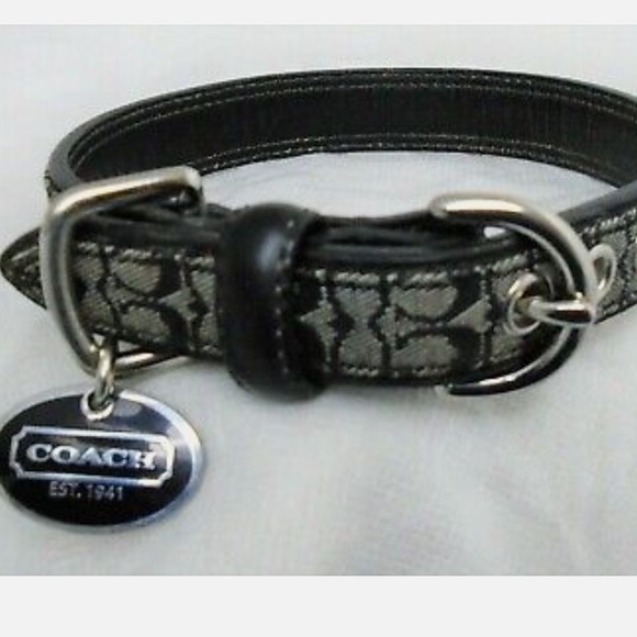 COACH BLACK LEATHER JACQUARD SIGNATURE C OVAL CHARM DOG COLLAR 4003 SIZE S